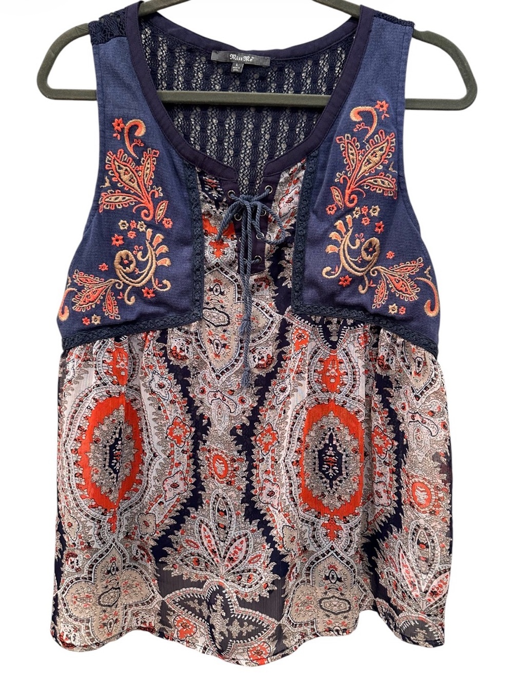 Miss Me Embroidered Paisley Lace Up Sleeveless Tank Boho Sheer Casual Sz L